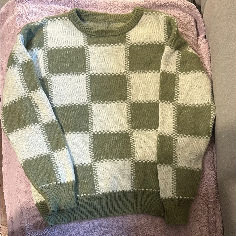 SHEIN Olive and Cream Checkered Sweater - Picture 1 of 2